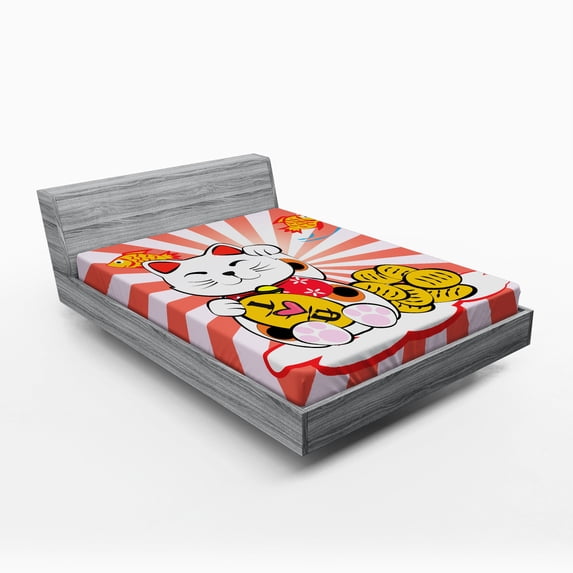 Ambesonne Japanese Fitted Sheet, Starburst Lines Cat, Queen Size, Multicolor