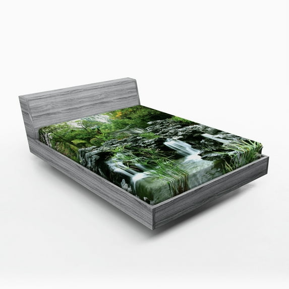 Ambesonne Japanese Fitted Sheet, Style Garden, Queen Size, Green White