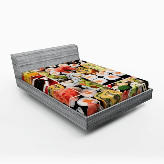 Ambesonne Japanese Fitted Sheet, Sushi Roll Colored, Queen Size, Multicolor