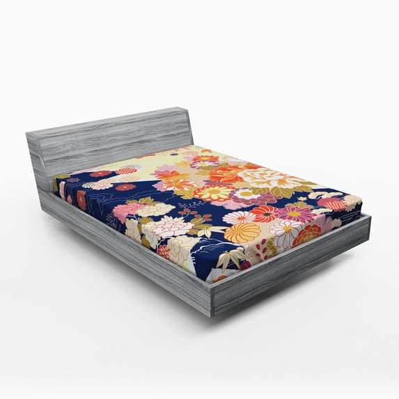 Ambesonne Japanese Fitted Sheet, Traditional Flowers, Full Size, Multicolor
