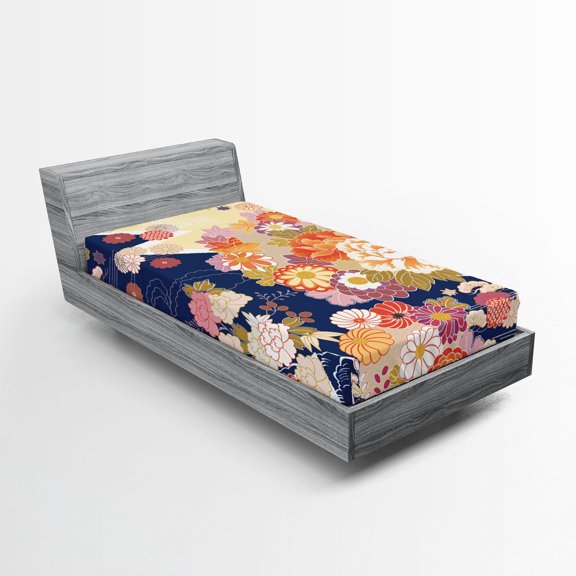 Ambesonne Japanese Fitted Sheet, Traditional Flowers, Twin XL Size, Multicolor