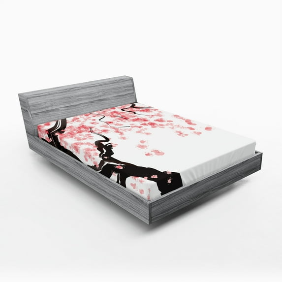 Ambesonne Japanese Fitted Sheet, Watercolor Effect Cherry, California King, Black Pink