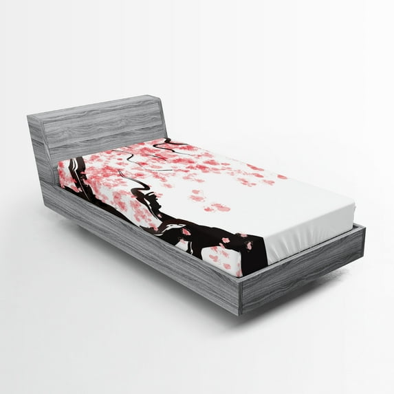 Ambesonne Japanese Fitted Sheet, Watercolor Effect Cherry, Twin Size, Black Pink
