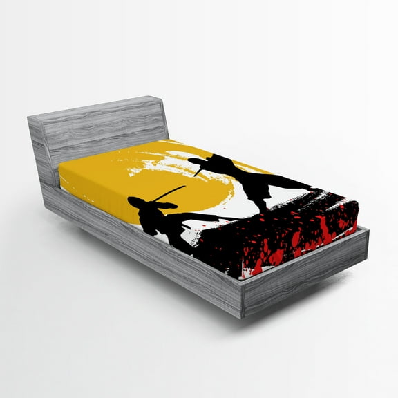 Ambesonne Japanese Fitted Sheet, Watercolor Style Ninja, Twin XL Size, Vermilion Mustard