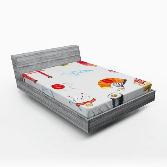 Ambesonne Japanese Fitted Sheet, Watercolors Asian Folk, Queen Size, Multicolor