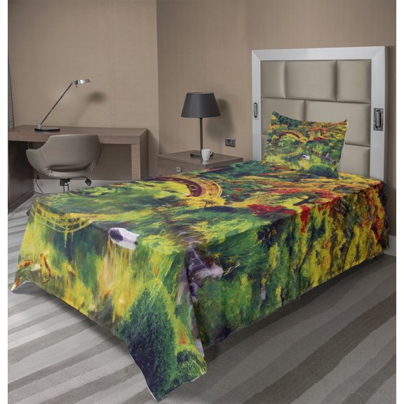 Ambesonne Japanese Fitted & Top Sheet Set with Sham, Garden with Old Bridge, Green Orange