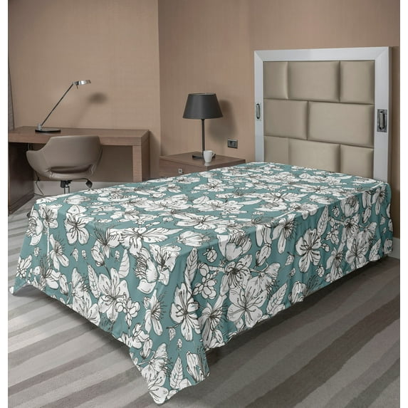 Ambesonne Japanese Flat Bedding Sheet Soft Top Sheet, Vintage Sakura Flowers Art, Twin, Pale Blue Grey White