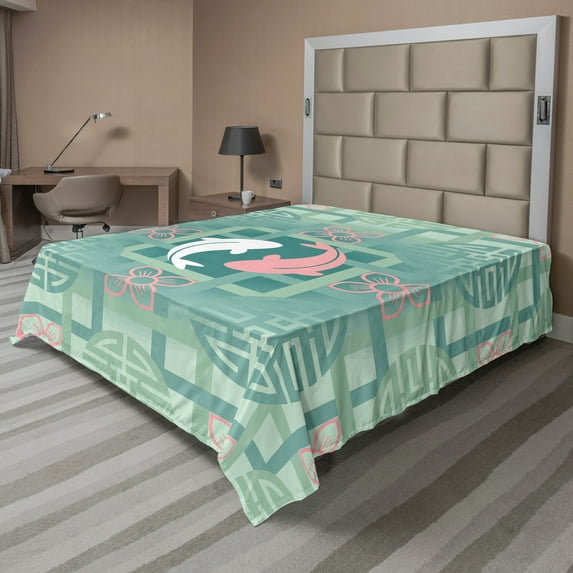 Ambesonne Japanese Flat Sheet, Dolphin Couple, King Size, Green Pink