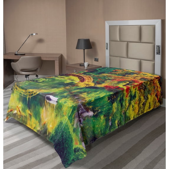 Ambesonne Japanese Flat Sheet, Garden with Old Bridge, TwinXL Size, Green Orange