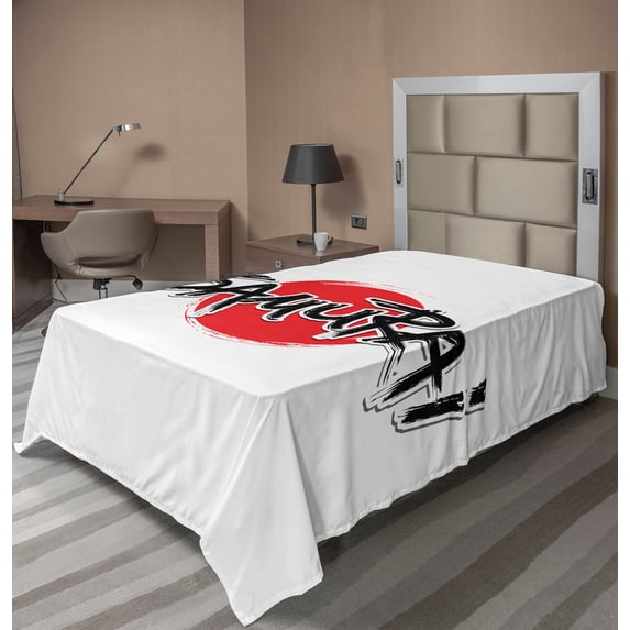 Ambesonne Japanese Flat Sheet, Samurai Lettering Sun, Twin Size, Red Black