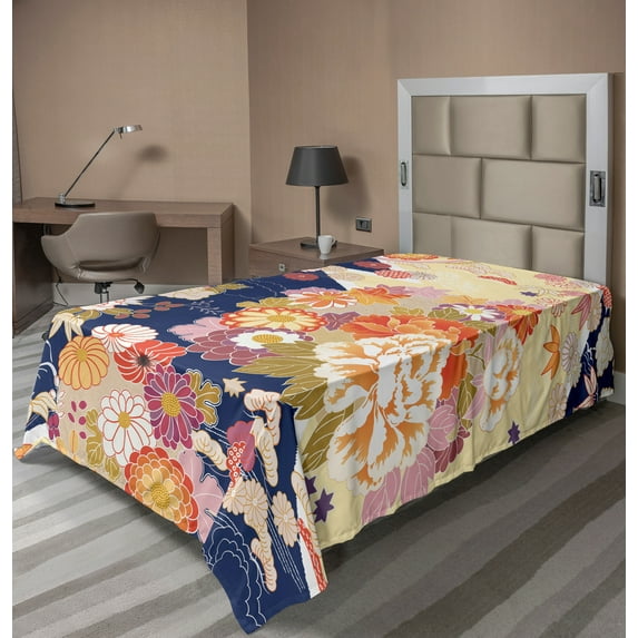 Ambesonne Japanese Flat Sheet, Traditional Flowers, Twin Size, Multicolor