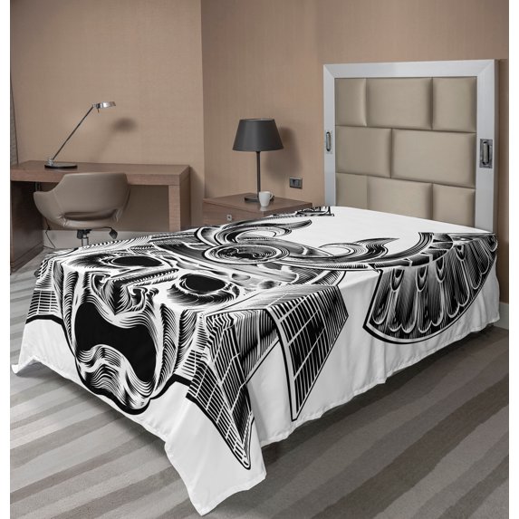 Ambesonne Japanese Flat Sheet, Vintage Japan, Twin Size, White Black