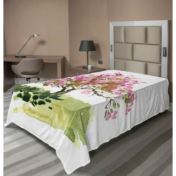 Ambesonne Japanese Flat Sheet, Watercolor Sakura Leaves, Twin Size, Reseda Green Green