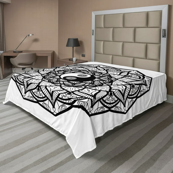 Ambesonne Japanese Flat Sheet, Ying Yang Black White, Full Size, Black White