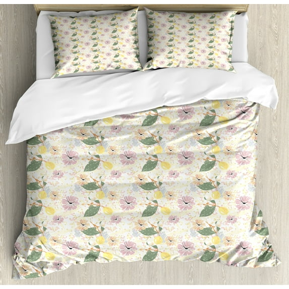 Ambesonne Japanese Garden Duvet Cover Sets, Flourishing Lemons, 2-Queen, Multicolor