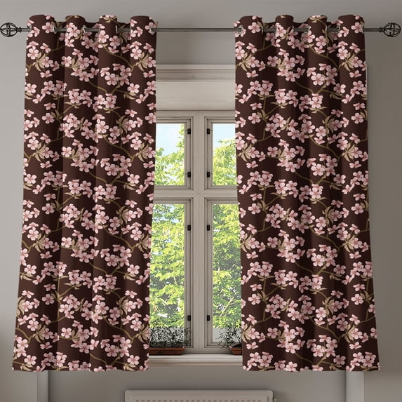 Ambesonne Japanese Grommet Curtain, Soft Pink Cherry Bloom, 50" x 54", Brown Pale Pink