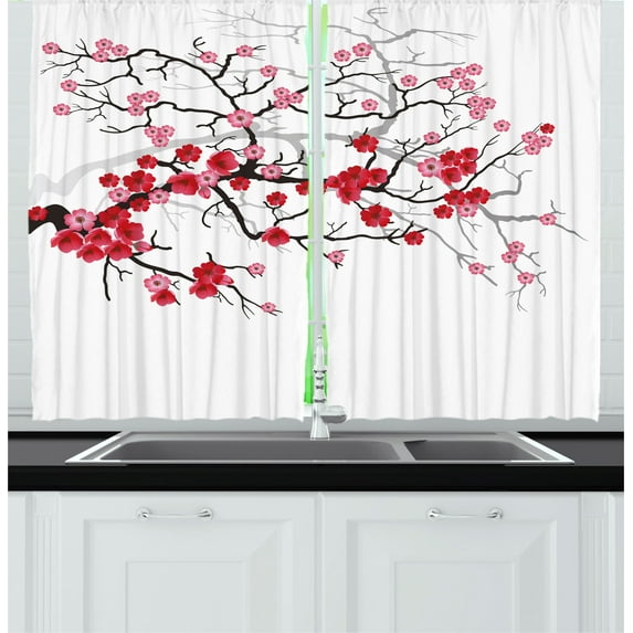 Ambesonne Japanese Kitchen Curtains, Blossoms Sakura Plant, 55"x45", Dark Brown Dark Coral