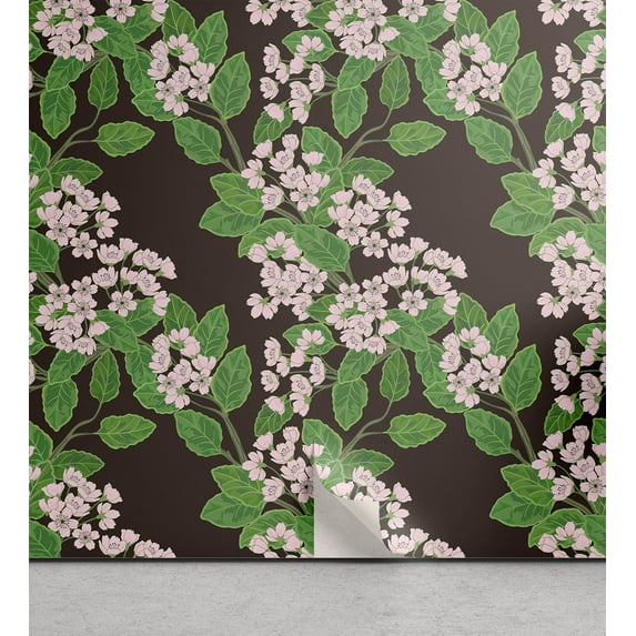 Ambesonne Japanese Peel & Stick Wallpaper for Home, Cherry Floral Vintage Art, 13"x36", Reseda Green Soft Pink