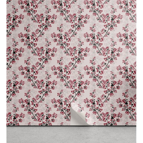Ambesonne Japanese Peel & Stick Wallpaper for Home, Sakura Branches Bloom, 13"x100", Dark Coral Pale Pink