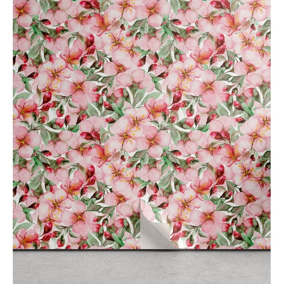 Ambesonne Japanese Peel & Stick Wallpaper for Home, Sakura Flowers Asian Art, 13"x72", Pale Salmon Mint Green