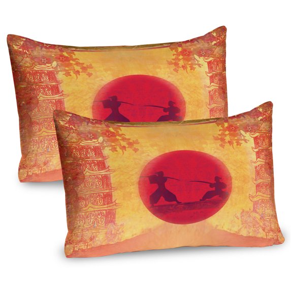 Ambesonne Japanese Pillow Sham 2 Pack, Ninjas Vintage Sunset, 30"x20", Mustard and Purple