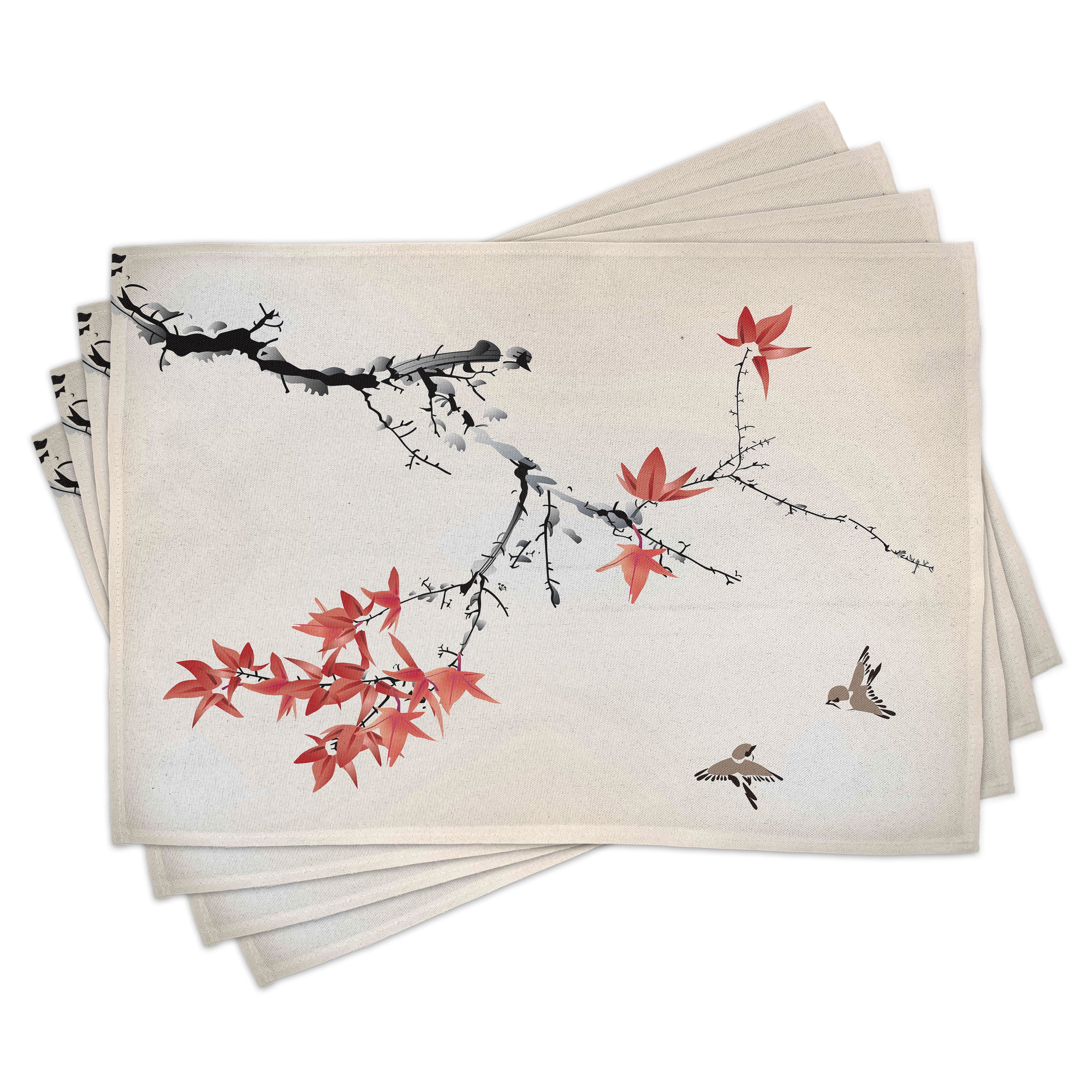 Coral and Black Cherry Blossom Fabric Placemats Set of 4