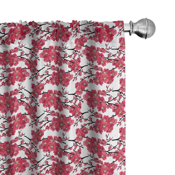 Ambesonne Japanese Print Curtains, Spring Cherry Art, Pair of 28"x63", Dark Coral Charcoal Grey