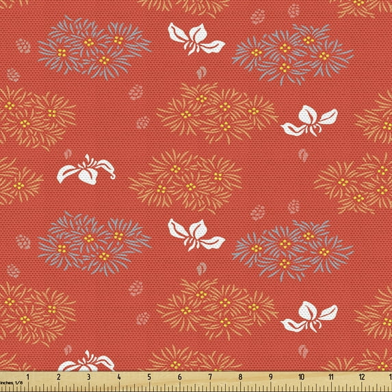 Ambesonne Japanese Print Fabric by the Yard Upholstery, Asian Floral Art, 3 Yards, Scarlet and Pale Slate Blue