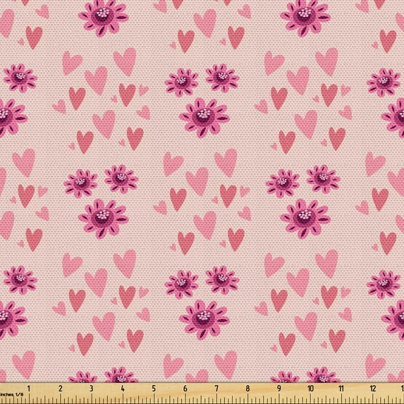 Ambesonne Japanese Print Fabric by the Yard Upholstery, Blossom Heart Art, 2 Yards, Pastel Pink and Dried Rose