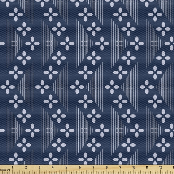 Ambesonne Japanese Print Fabric by the Yard Upholstery, Floral Zigzag Art, 2 Yards, Dark Violet Blue and White