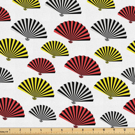Ambesonne Japanese Print Fabric by the Yard Upholstery, Multicolored Fan Art, 1 Yard, Scarlet Yellow and White