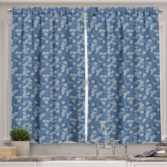 Ambesonne Japanese Print Kitchen Curtains, Dot Flowers Leaves, 55"x36", Dark Sky Blue and Grey