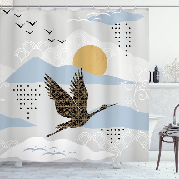 Ambesonne Japanese Print Shower Curtain, Crane Bird Mountain, 69"Wx84"L, Sand Brown and Ceil Blue