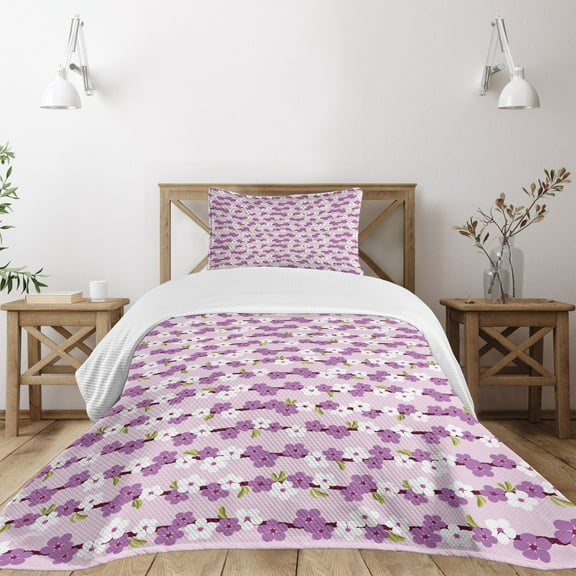 Ambesonne Japanese Quilted Bedspread Set 2 Pcs, Cherry Branches Bloom, Twin Size, Lilac White Green