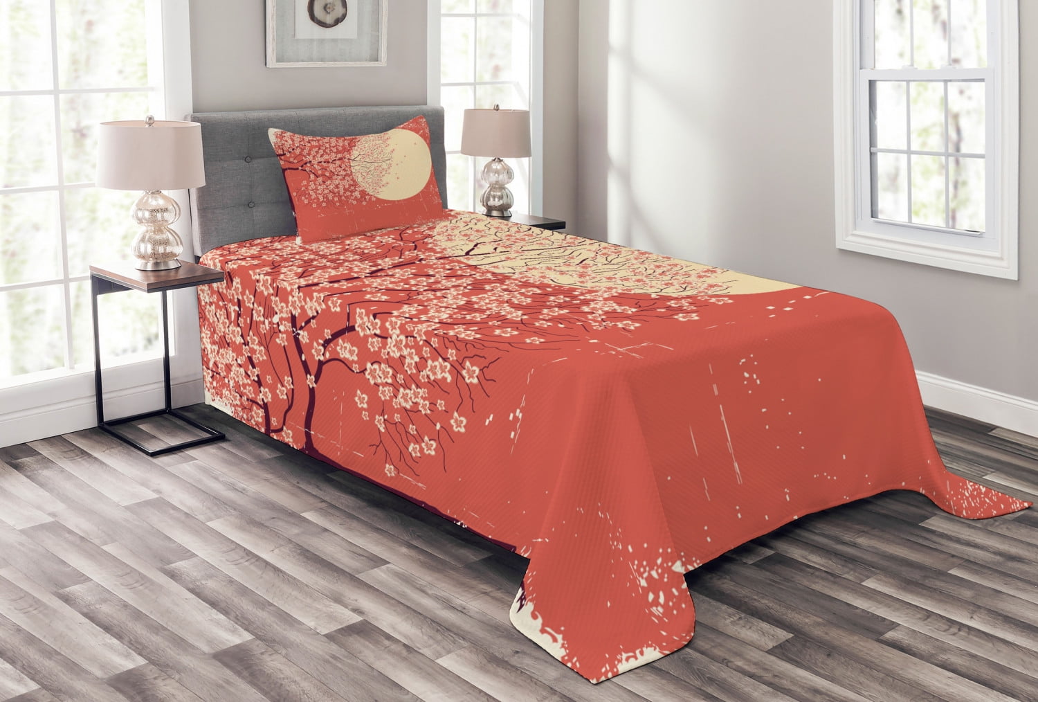 Ambesonne Japanese Quilted Bedspread Set 2 Pcs, Cherry Sakura Blossoms
