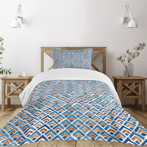 Ambesonne Japanese Quilted Bedspread Set 2 Pcs, Chevron Watercolor Art, Twin Size, Pale Blue Orange