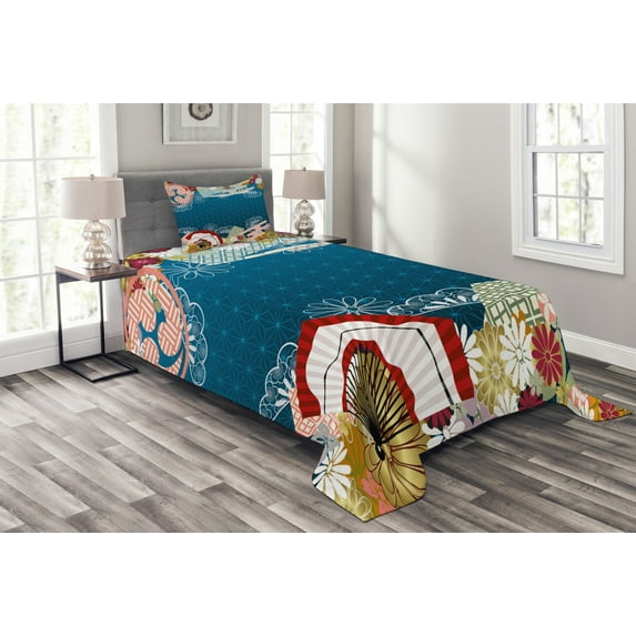 Ambesonne Japanese Quilted Bedspread Set 2 Pcs, Modern Flowers, Twin Size, Multicolor