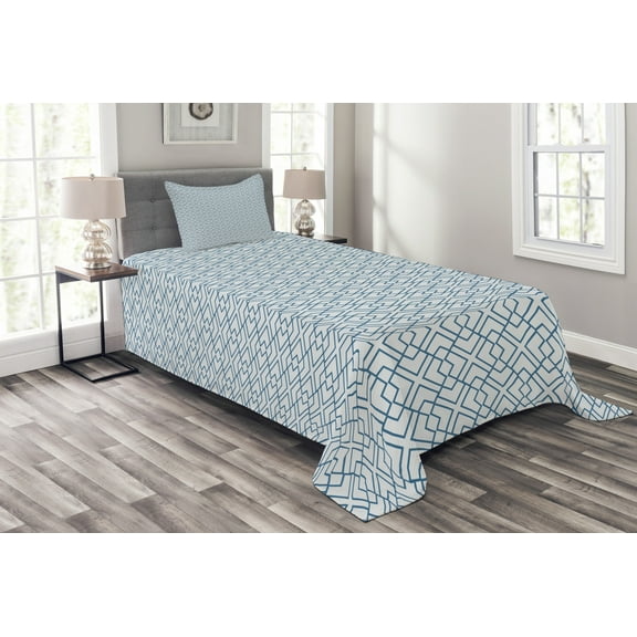 Ambesonne Japanese Quilted Bedspread Set 2 Pcs, Retro Blue Blossoms, Twin Size, Blue White