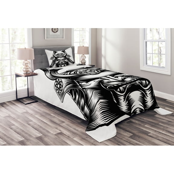 Ambesonne Japanese Quilted Bedspread Set 2 Pcs, Samurai Martial, Twin Size, Black White