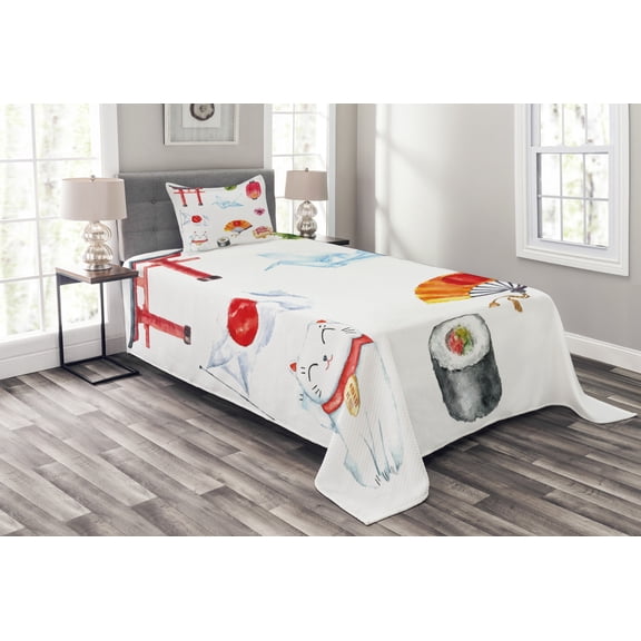 Ambesonne Japanese Quilted Bedspread Set 2 Pcs, Watercolors Asian Folk, Twin Size, Multicolor