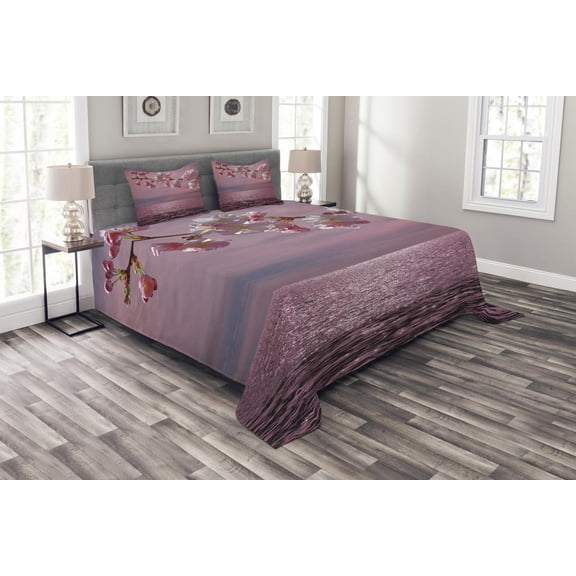 Ambesonne Japanese Quilted Bedspread Set 3 Pcs, Cherry Tree Branch, King Size, Pink and Pale Pink