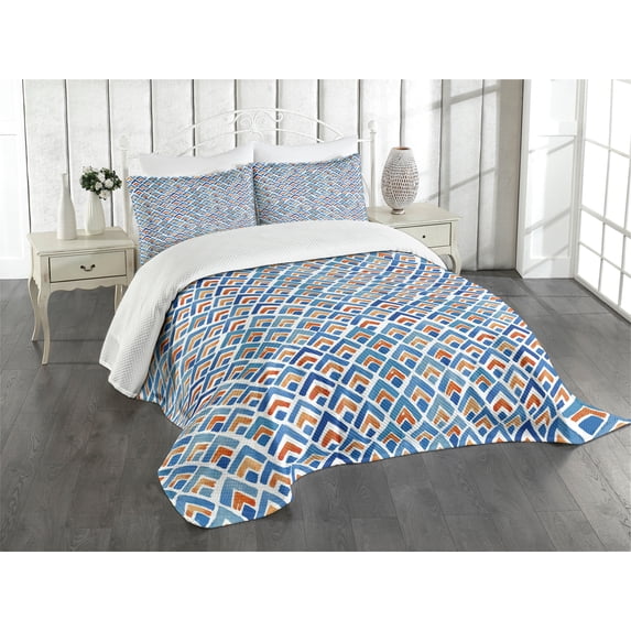 Ambesonne Japanese Quilted Bedspread Set 3 Pcs, Chevron Watercolor Art, King Size, Pale Blue Orange
