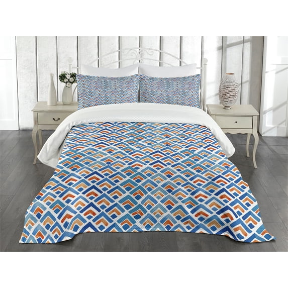 Ambesonne Japanese Quilted Bedspread Set 3 Pcs, Chevron Watercolor Art, Queen Size, Pale Blue Orange