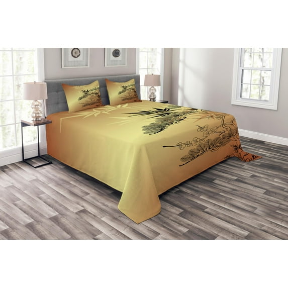 Ambesonne Japanese Quilted Bedspread Set 3 Pcs, Folk Sunset Ethnic Branch, King Size, Sepia Black