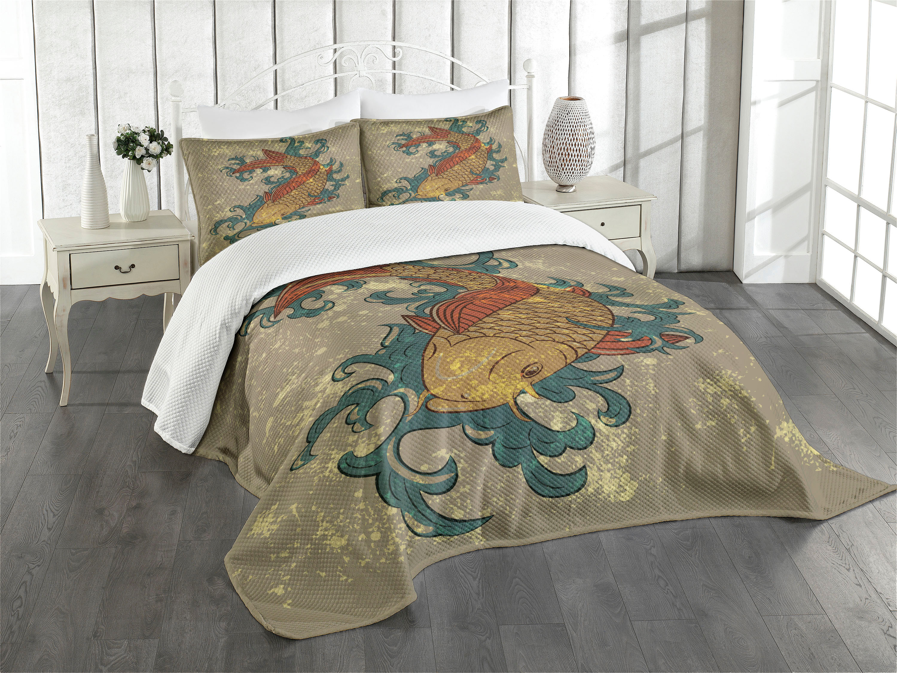 Ambesonne Japanese Quilted Bedspread Set 3 Pcs, Koi Fish Art, King Size