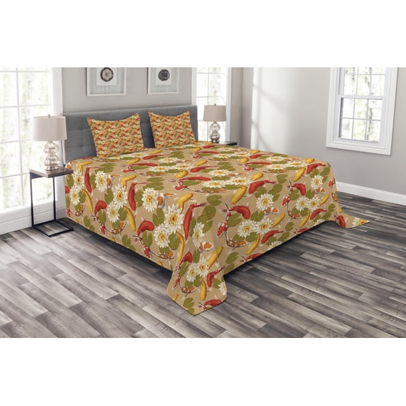 Ambesonne Japanese Quilted Bedspread Set 3 Pcs, Koi Fishes Lotus, Queen Size, Multicolor