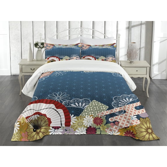 Ambesonne Japanese Quilted Bedspread Set 3 Pcs, Modern Flowers, Queen Size, Multicolor