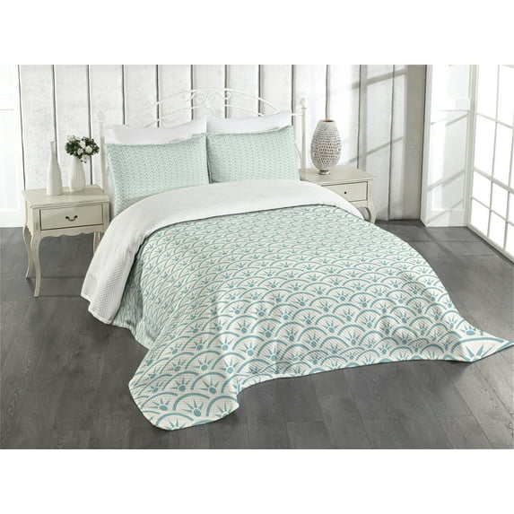 Ambesonne Japanese Quilted Bedspread Set 3 Pcs, Ocean, King Size, Sky Blue White