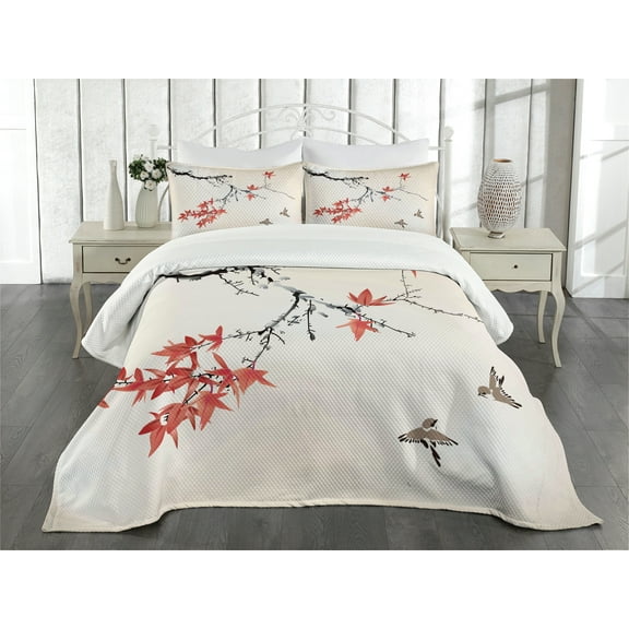 Ambesonne Japanese Quilted Bedspread Set 3 Pcs, Romantic Spring Theme, Queen Size, Black and Coral
