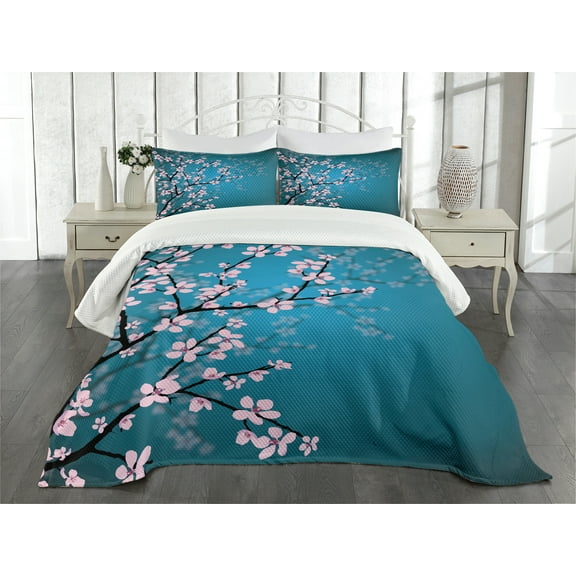 Ambesonne Japanese Quilted Bedspread Set 3 Pcs, Sakura Bloom Pattern, Queen Size, Petrol Blue Pale Pink
